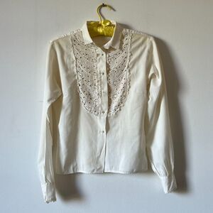 Vintage Cream 60s 70s Rhinestone Lace Cotton Blend Button Down Blouse